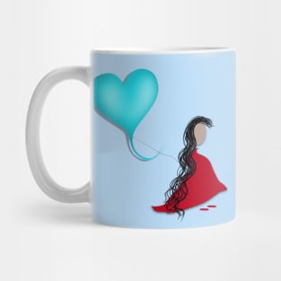 Girl in a red dress holding a blue balloon Mug